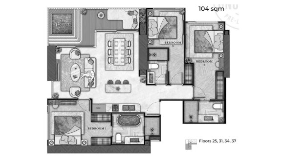 Планировка квартиры 3 спальни в ЖК The Riviera Wongamat Beach № 11030 (2D)