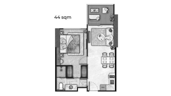 Apartment floor plan, 1 bedroom in The Riviera Wongamat Beach No. 11026 (2D)