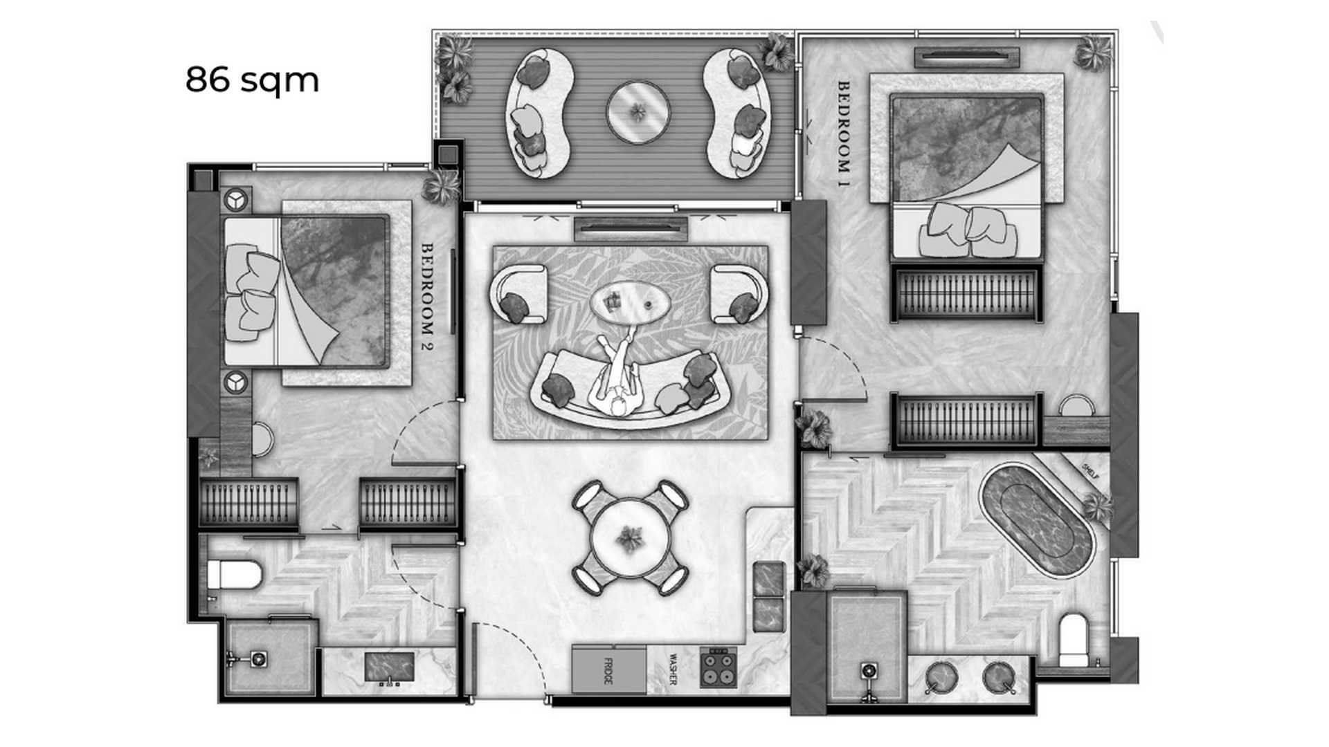 Apartment floor plan, 2 bedrooms in The Riviera Wongamat Beach No. 11028