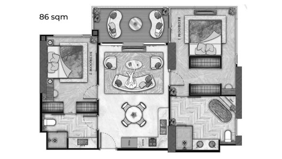 Apartment floor plan, 2 bedrooms in The Riviera Wongamat Beach No. 11028 (2D)