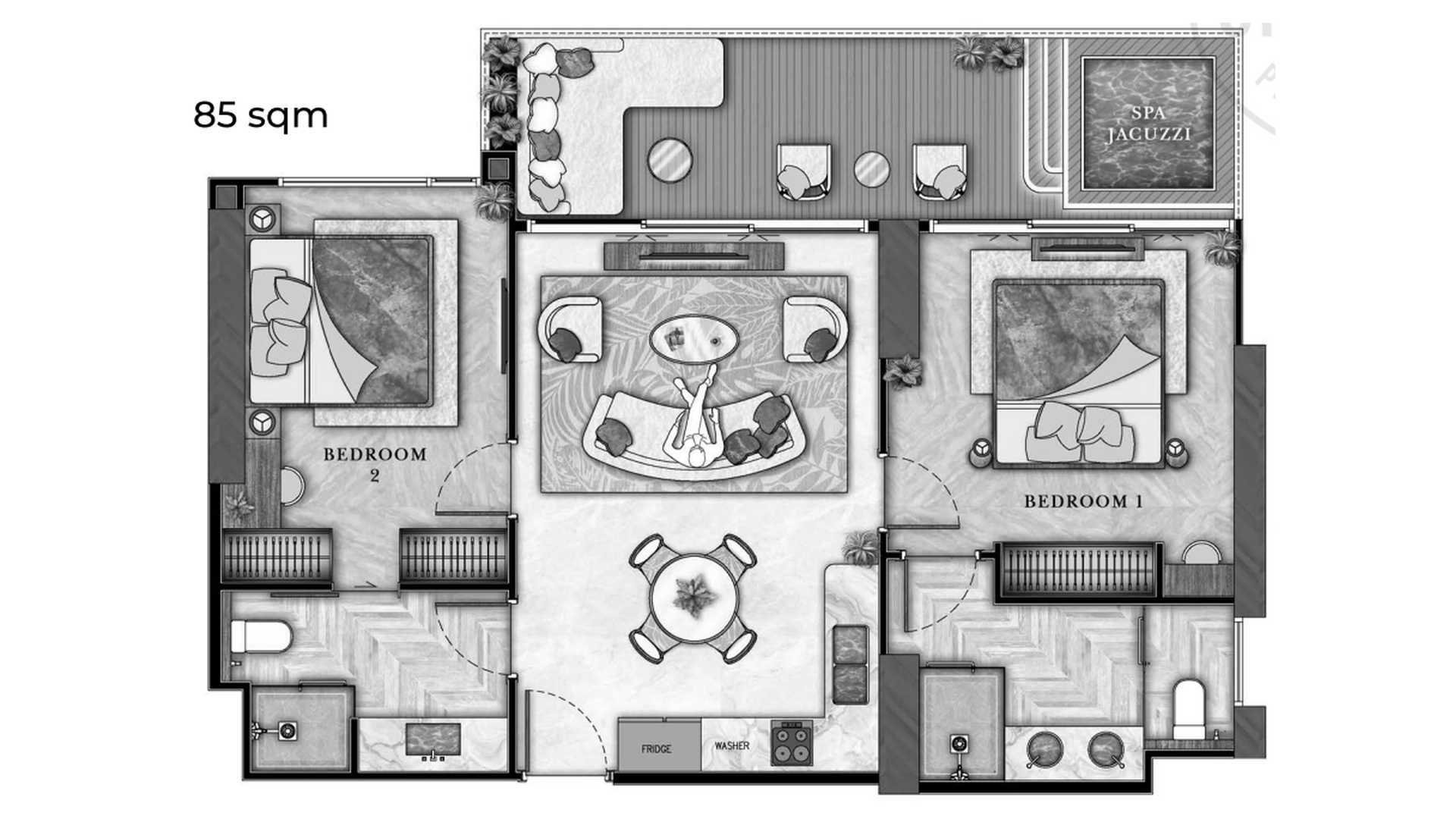 Apartment floor plan, 2 bedrooms in The Riviera Wongamat Beach No. 11029