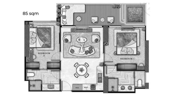 Apartment floor plan, 2 bedrooms in The Riviera Wongamat Beach No. 11029 (2D)